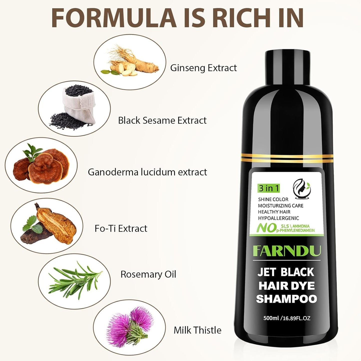 Jet Black Hair Dye Shampoo Ammonia-free & PPD-free, Natural Herbal Ingredients 3 in 1 Hair Color Shampoo for Women Men Gray Hair Coverage