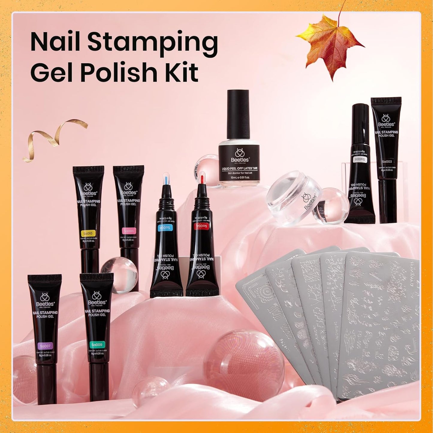 Beetles Nail Stamp Gel 16Pcs French Tip Nail Stamp Kit with 8 Colors Stamper Gel Polish, 5 Nail Stamping Templates, Scrapers, Liquid Latex & Short Silicone Stamper Gift for Women