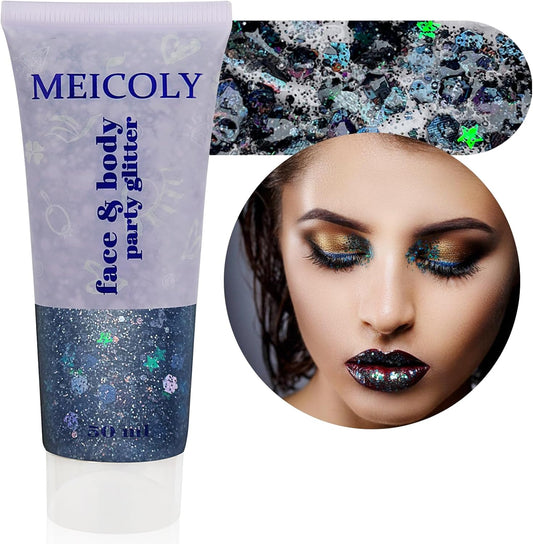 MEICOLY Black Glitter, Professional Body Paint, Mermaid Sequins Eye Glitter for Halloween Cosplay SFX Makeup, Chunky Face Gel for Women and Kids, 50ml