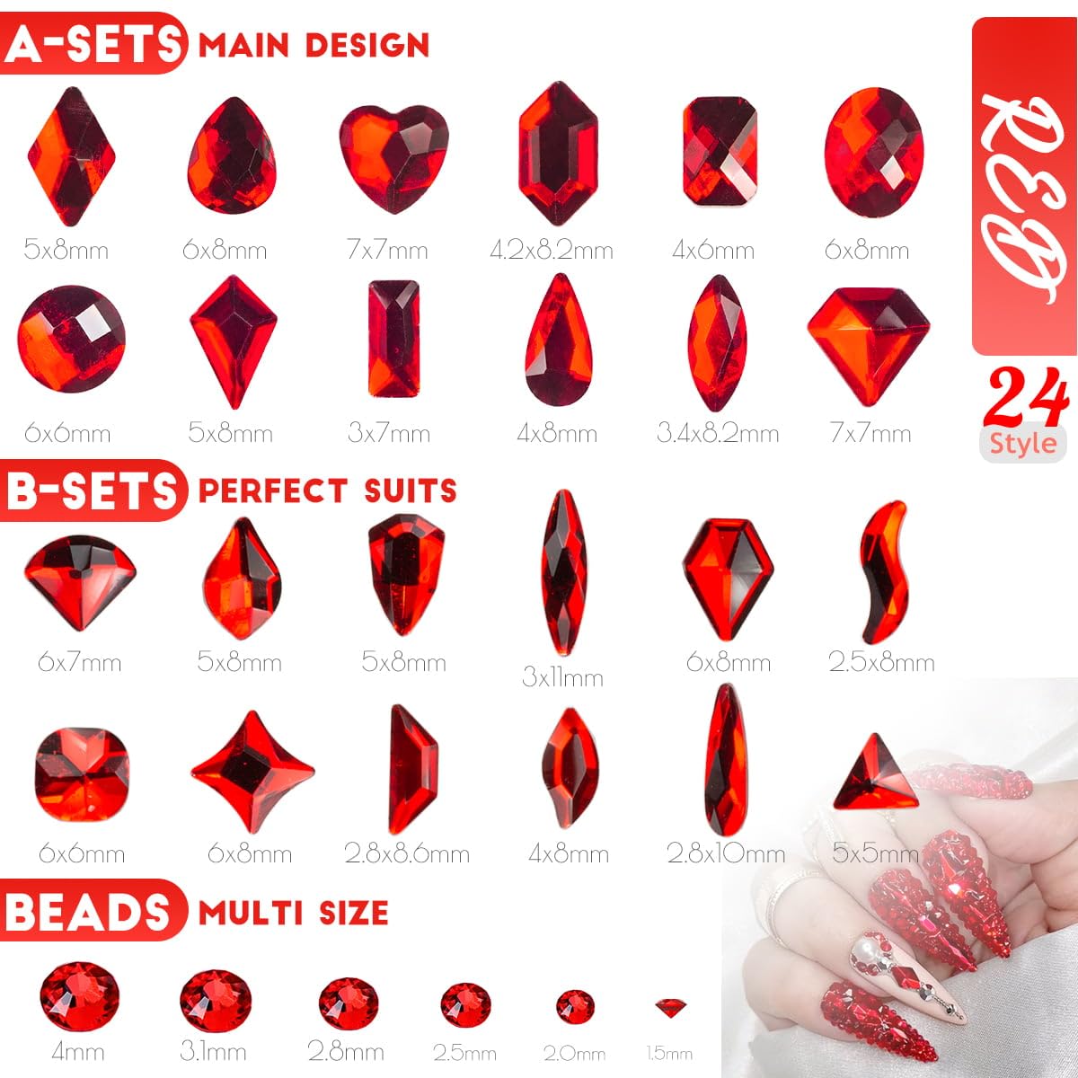 4 Boxes Siam Red Nail Rhinestones and Glitters, 24 Shapes K9 Glass Ruby Red Gems Flatback Round Stones Diamonds Crystals Nail Art Charms Supplies for Acrylic Nails Face Eyes Makeup DIY Crafts Clothes