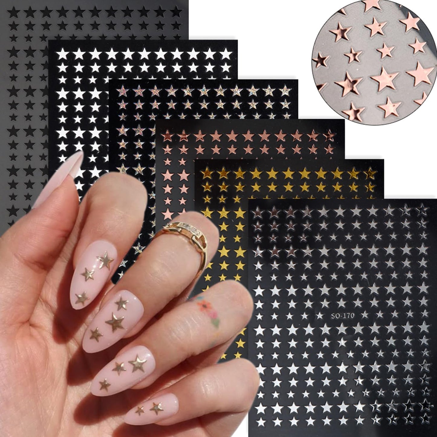 6 Sheets Star Nail Art Stickers Decals Gold Silver Star Nails Stickers for Nail Art Self-Adhesive Black White Laser Nail Decals