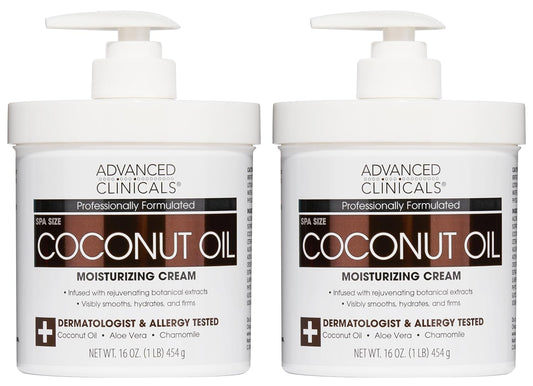 Advanced Clinicals Coconut Oil Body Cream For Women & Men | Hydrating Coconut Lotion For Extremely Dry Skin | Visible Anti Aging Body Butter Skin Care Balm Moisturizer For Hand, Heel, Feet, 16oz, 2PC