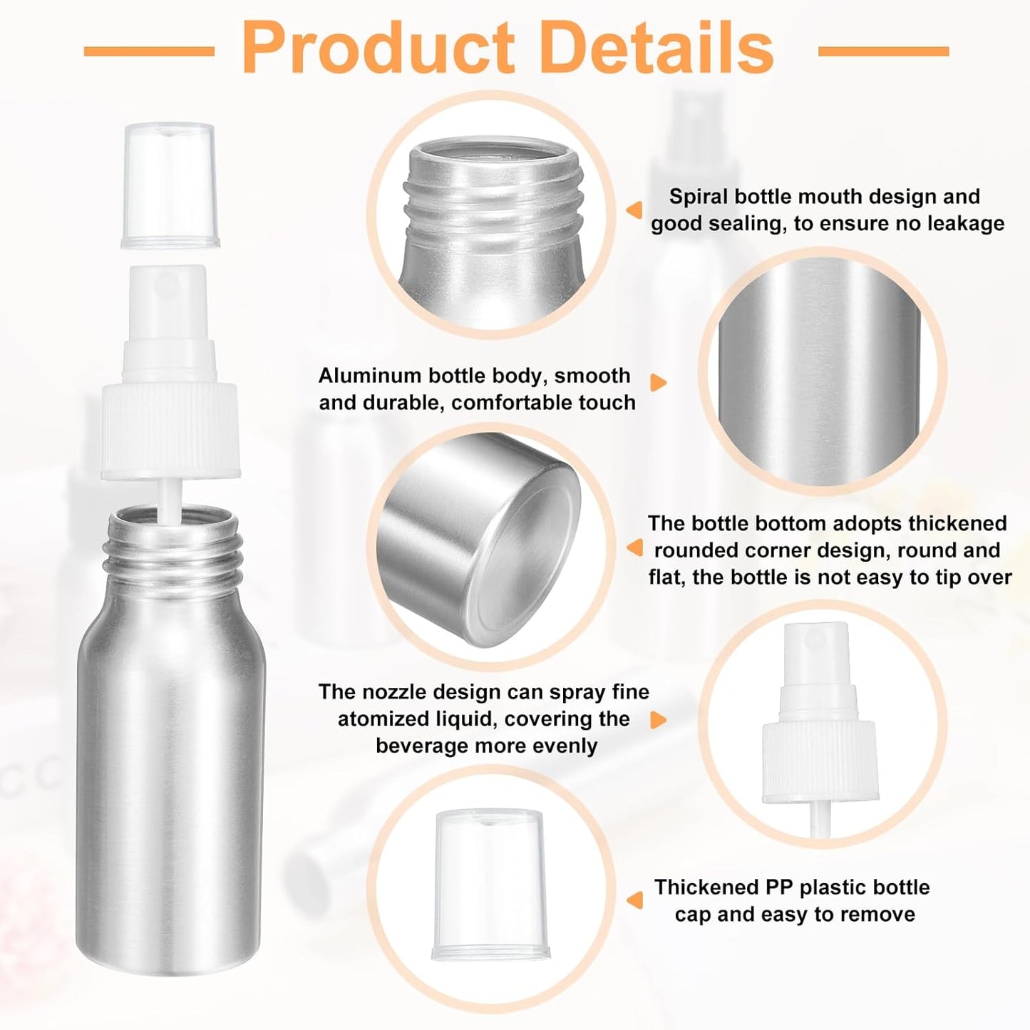 HARFINGTON 5pcs Aluminum Fine Mist Spray Bottles 30ml/1oz Metal Small Liquid Alcohol Refillable Travel Container with White Plastic Nozzle Cap for Perfume Skincare Cosmetic Storage Bottle