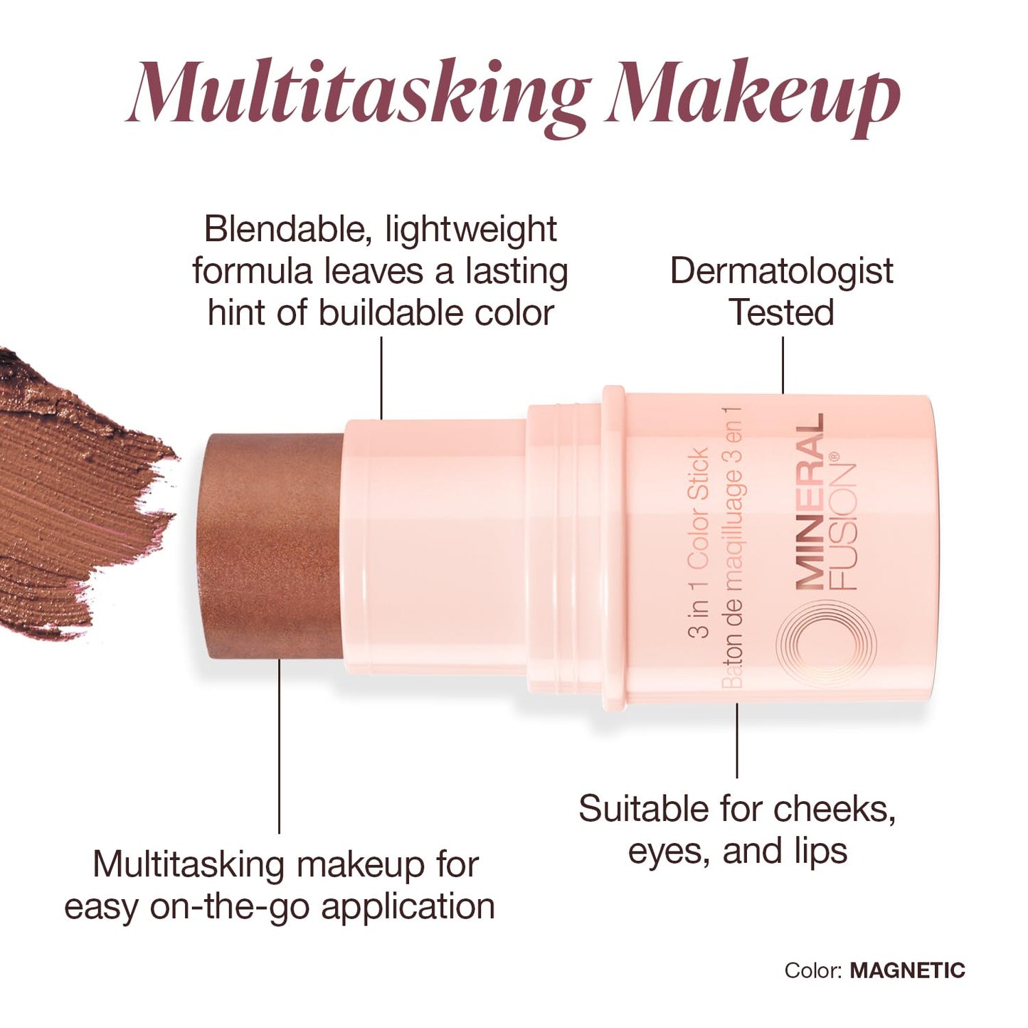 Mineral Fusion 3-in-1 Color Stick, Instant Color Pop and Blush for Cheeks, Creamy Lightweight Formula, Multi-Use Eye, Face, and Lip Makeup, Magnetic