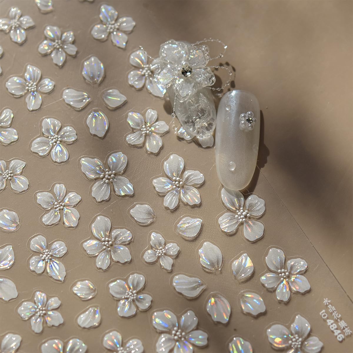 Flower Nail Stickers for Nail Art White Magnolia Petals Wedding Nails Design 3D Nail Art Stickers Decals Shiny Shell Light Crystal Flowers Stickers for Nails Summer DIY Manicure Decorations 1Pcs