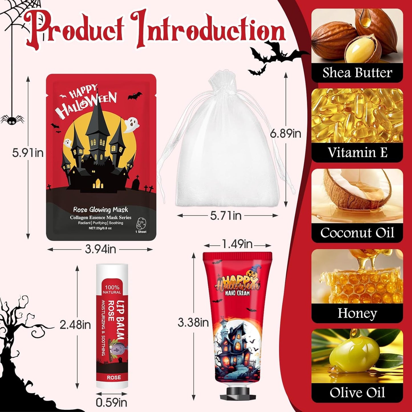 60 Pack Bulk Halloween Facial Mask, Hand Cream and Lip Balm Sets, Halloween Gifts, Halloween Party Favors, Halloween Decorations and Halloween Basket Stuffers with Halloween Card and Organza Bags