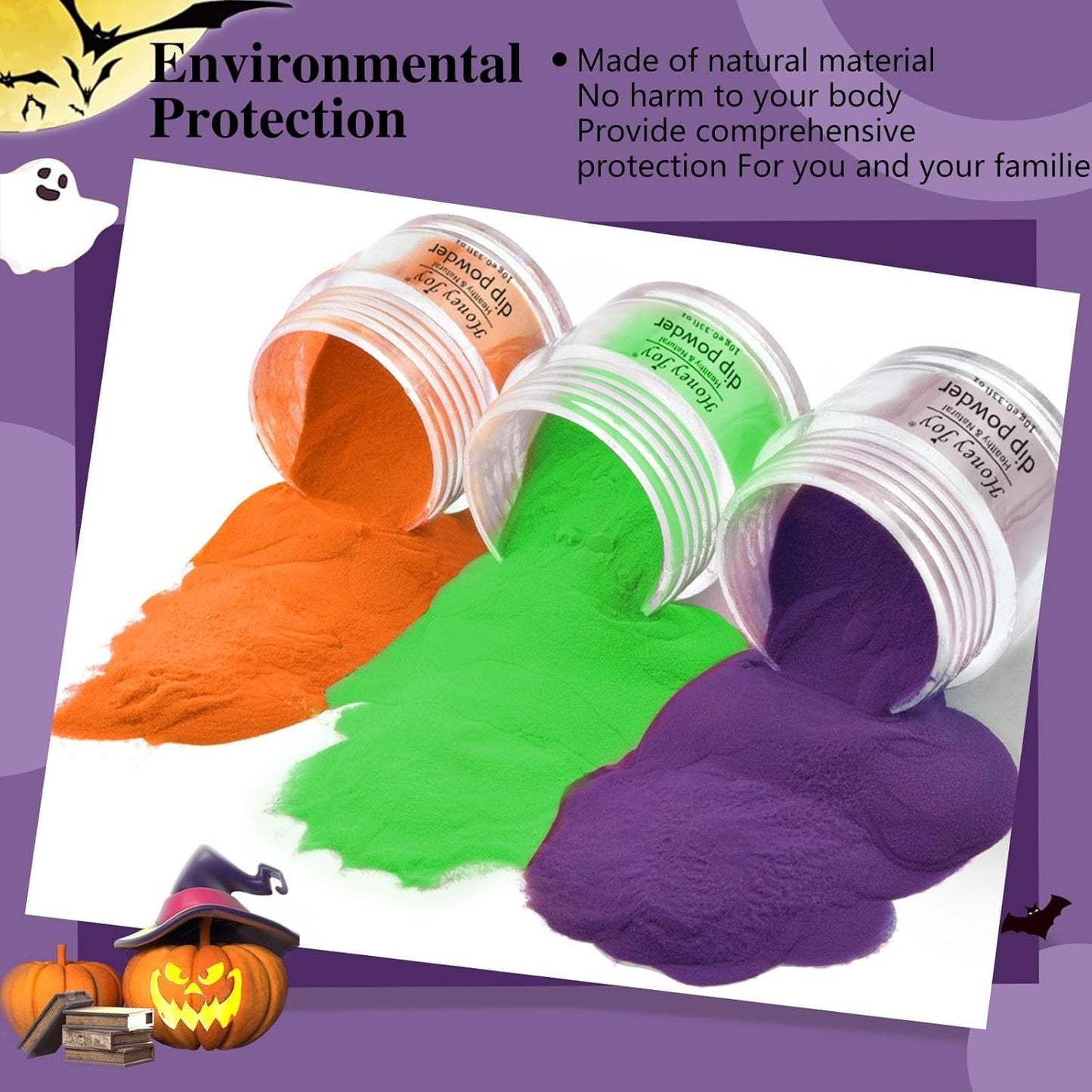 Honey Joy Dip Powder Nail Kit Starter, 4 Colors Halloween Witch Black Pumpkin Orange Mystic Purple Dipping Powder Liquid Set with Base Top Coat for Nail Art Manicure Salon DIY, Dip-7pcs-No.10