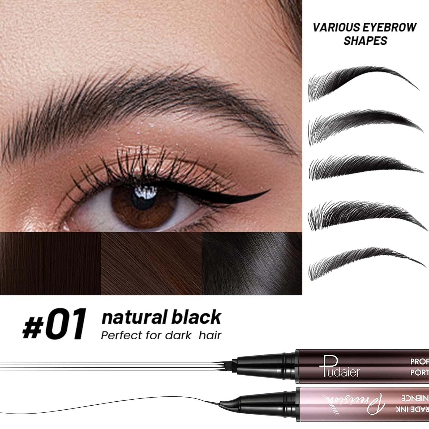 2 Pack Eyebrow Pen, Waterproof Microblading Eyebrow Pencil, 2-in-1 4 Tip Eye Brow Makeup Pen for Women with Precise Curved Brush-Tip Create Natural Hair-Like Brows, Last All-Day (Natural Black)