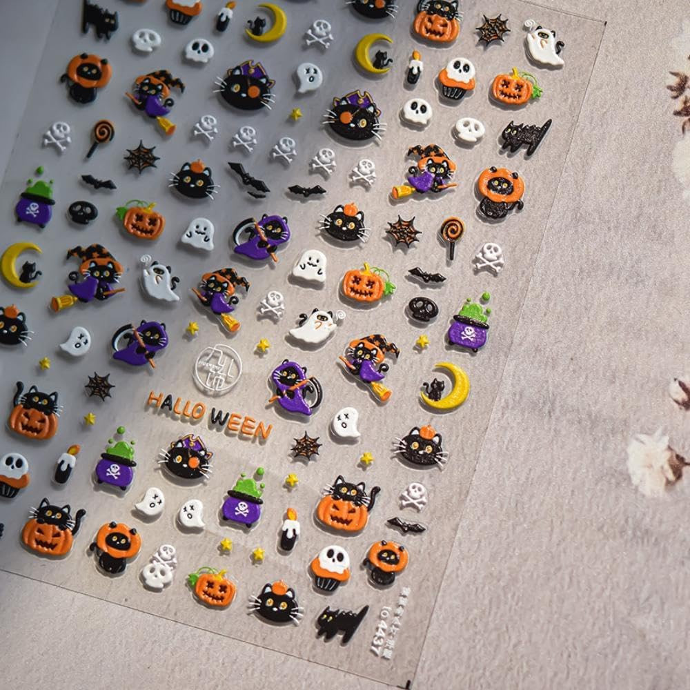 Halloween Nail Stickers Ghost Pumpkin Nail Art Decals Cat Nail Art Stickers with Design 5D Embossed Self Adhesive Cute Nails Charms Supply for Women Girls Kid Manicure Decoration