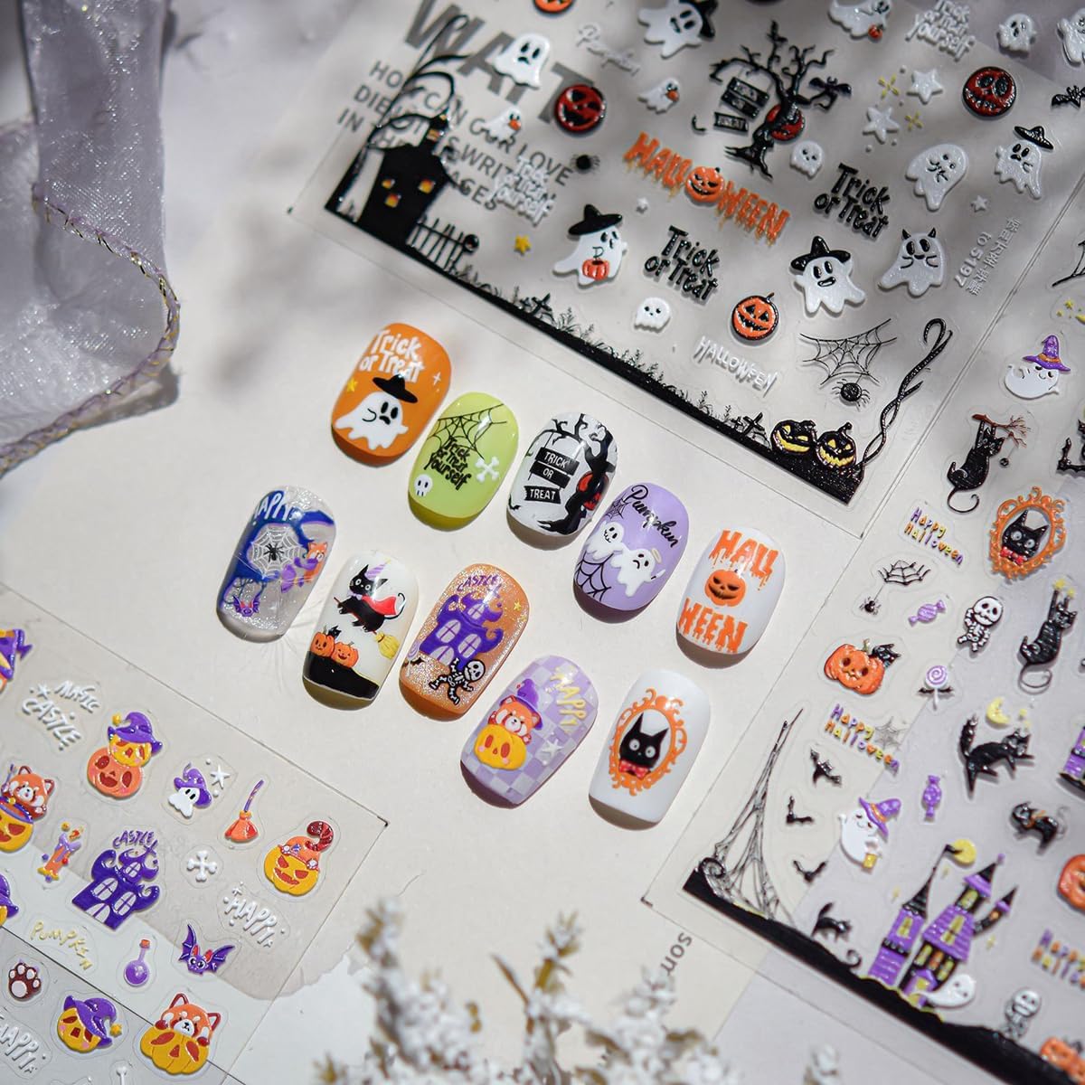5D Embossed Halloween Nail Stickers Funny Cute Cat Self-Adhesive Nail Art Pegatinas Uñas with Skull Ghost Pumpkin Designs Halloween Nails Decals DIY Manicure Supplies for Women Nails Decoration 1Sheet
