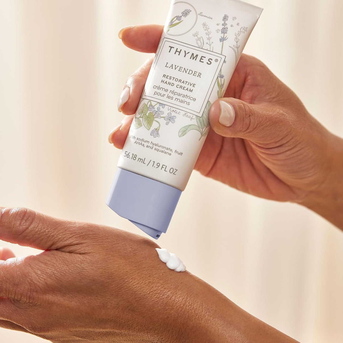 Thymes Restorative Hand Cream for Women & Men - Moisturizing Hand Cream Travel Size - Notes of Velvety Lavender, Warm Rosewood, Fresh Clary Sage, & Earthy Violet - Skin Care (Lavender, 1.9 fl oz)