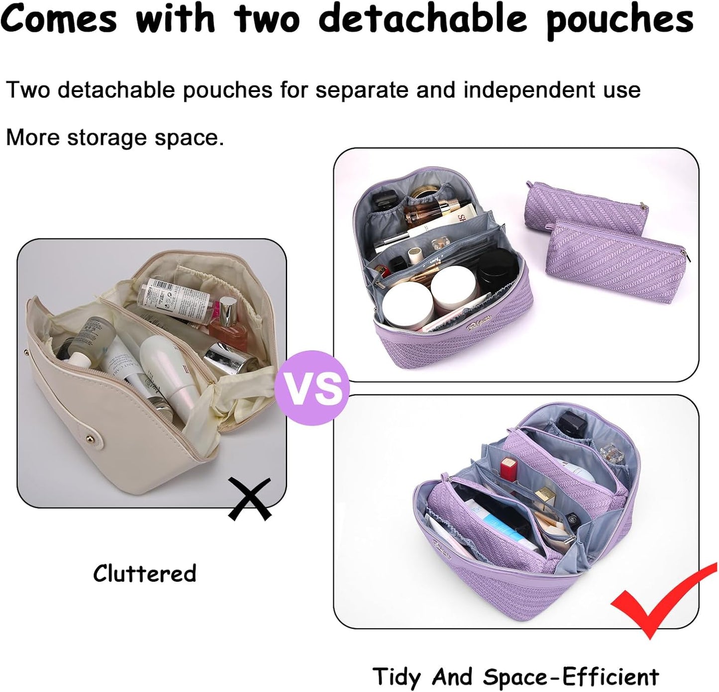 BOYATU Travel Makeup Bags for Women: Large Cosmetic Bag Waterproof - Vegan Leather Make up Bag Set of 3 - Compact Toiletry Organizer with Compartments & Handle & Divider (Z-Purple)