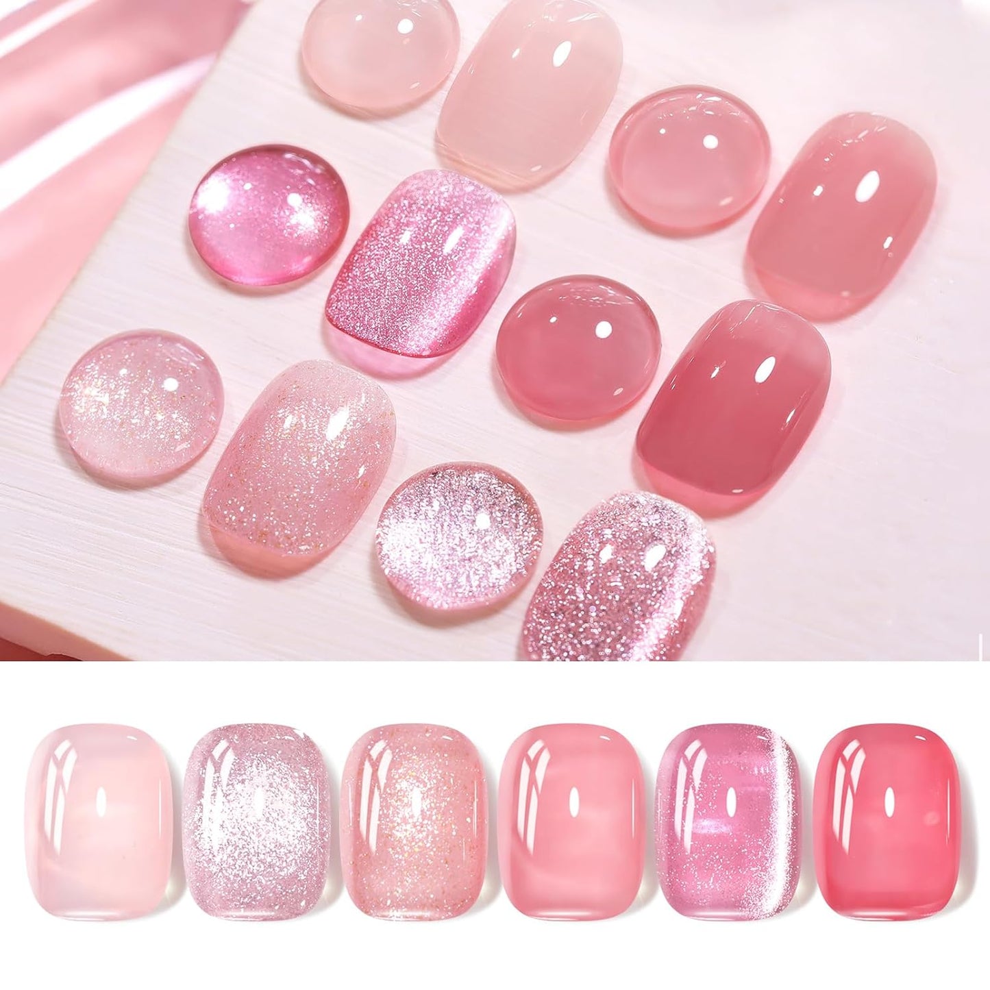 Born Pretty Gel Nail Polish Pink Nude Series,Jelly Transparent,Cat Magnetic Eye,Shimmer Glitter Holographic Pink Nude Gel Polish Kit for Salon Manicure and Nail Art DIY at Home 6Colors