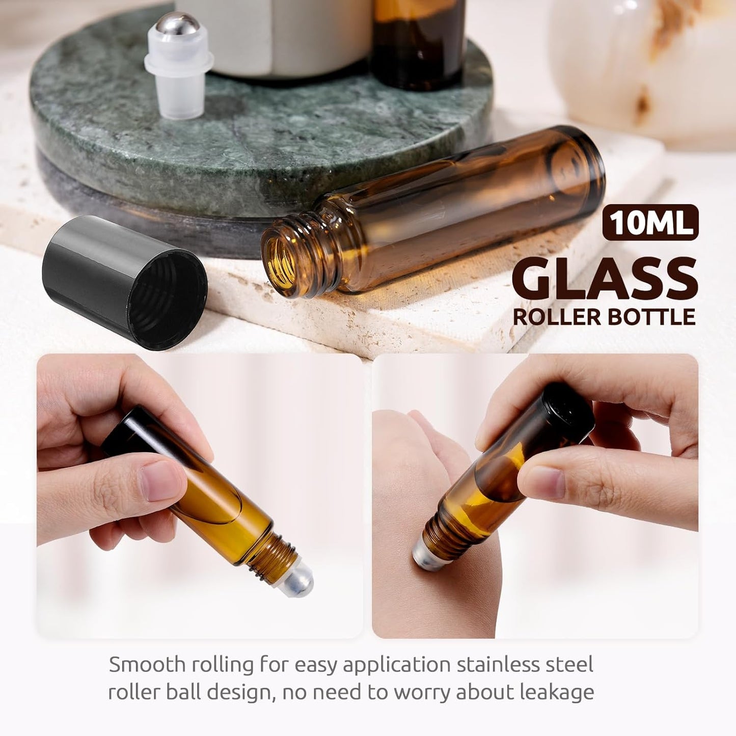 10ml Roller Bottles for Essential Oils(4-Pack), Leak-Proof Amber Glass Roller Ball Applicator, Opener, Droppers, Funnel & Labels, Roll on Bottles for Perfume & DIY Skincare