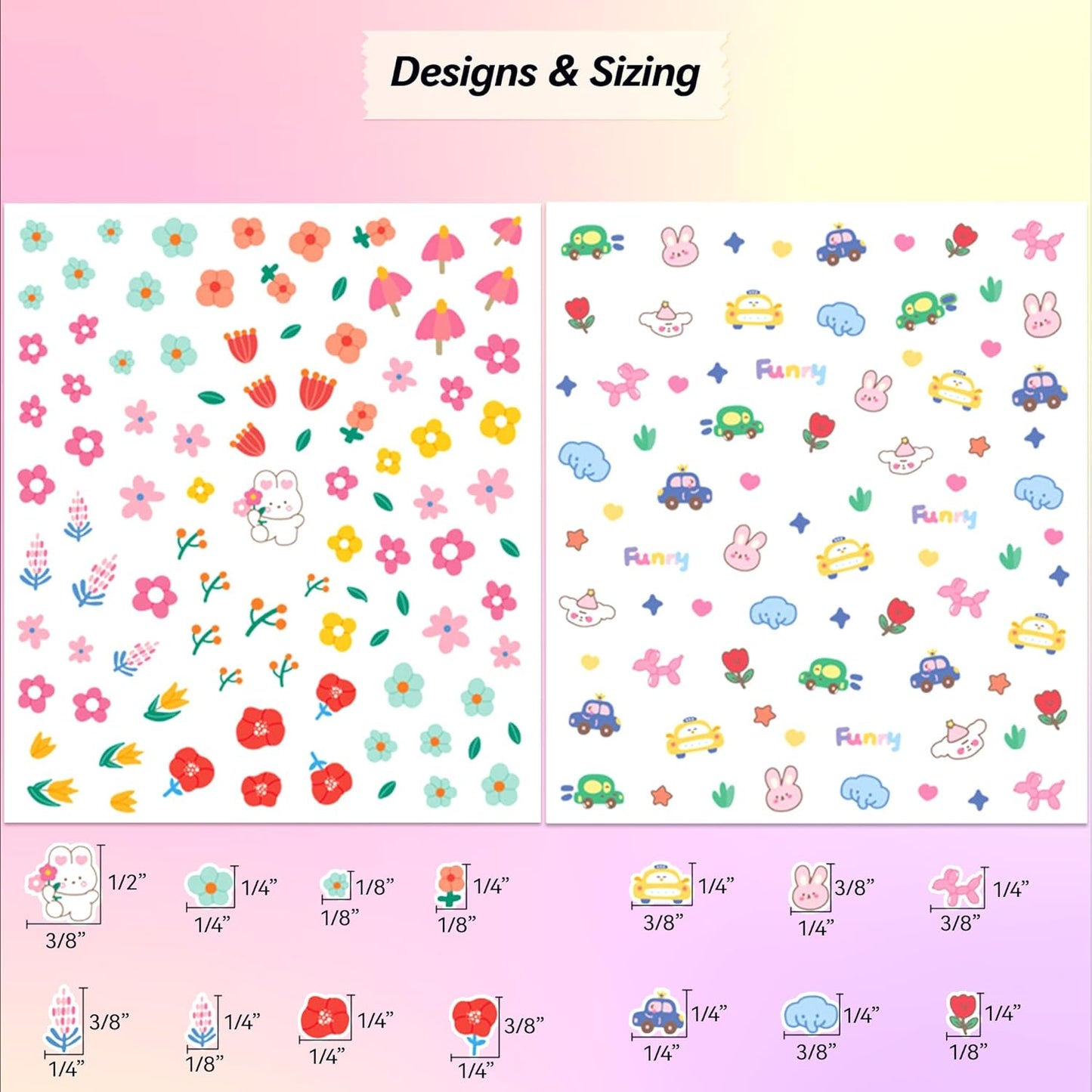 4 Sheets of 3D Nail Stickers - 292 Cute Nail Decals - Embossed Nail Stickers for Kids | Kawaii Theme - Flowers, Hearts, Bunny, Panda, Dinosaurs | Glow in The Dark