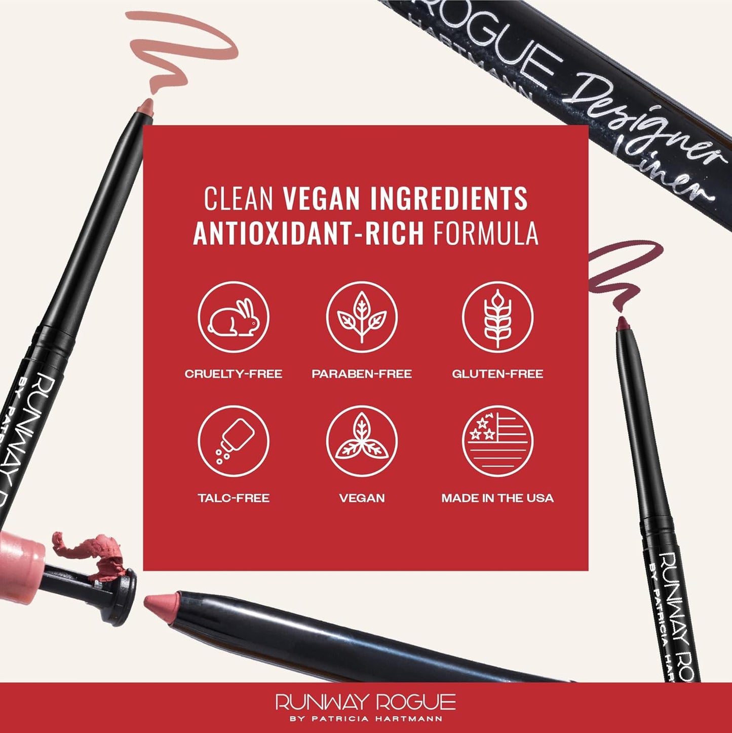 Runway Rogue Designer Liner Lip Pencil, Matte Garnet-Maroon Lip Liner Pencil and Lip Liner Sharpener, ‘Get the Look’