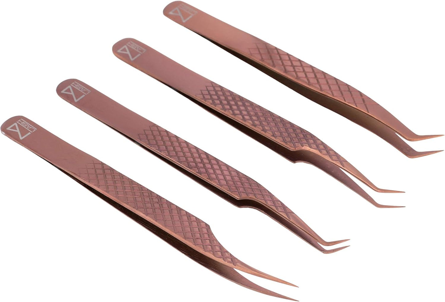 M LASH Eyelash Extension Tweezers (Set of 4) - Professional & Precision Lash Tweezers for Eyelash Extensions - Japanese Steel, Diamond Grip, Fiber Tip V3 (Rose Gold)