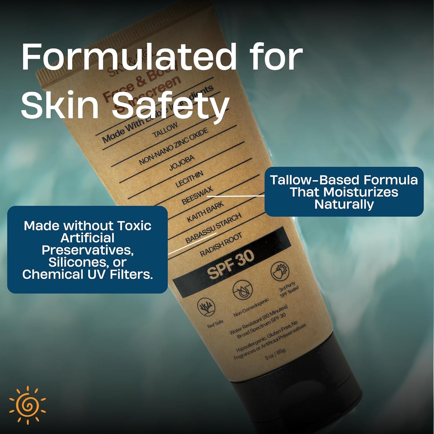 Natural Mineral Sunscreen SPF 30 3 oz: Natural Tallow & Zinc Oxide, Reef Safe, Water Resistant, Fragrance-Free, Non-Greasy Formula for Face and Body