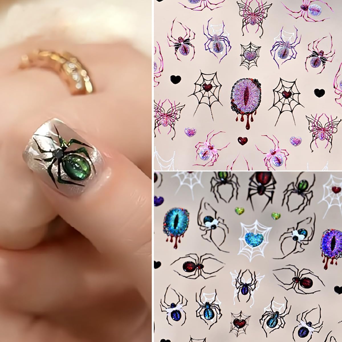 Halloween Nail Stickers 3D Self-Adhesive Goth Nail Art Stickers Pink Spider Web Spider Heart Glitter Design Halloween Acrylic Nail Art Decoration Cute Horror Nail Decals for Women Acrylic Nails DIY