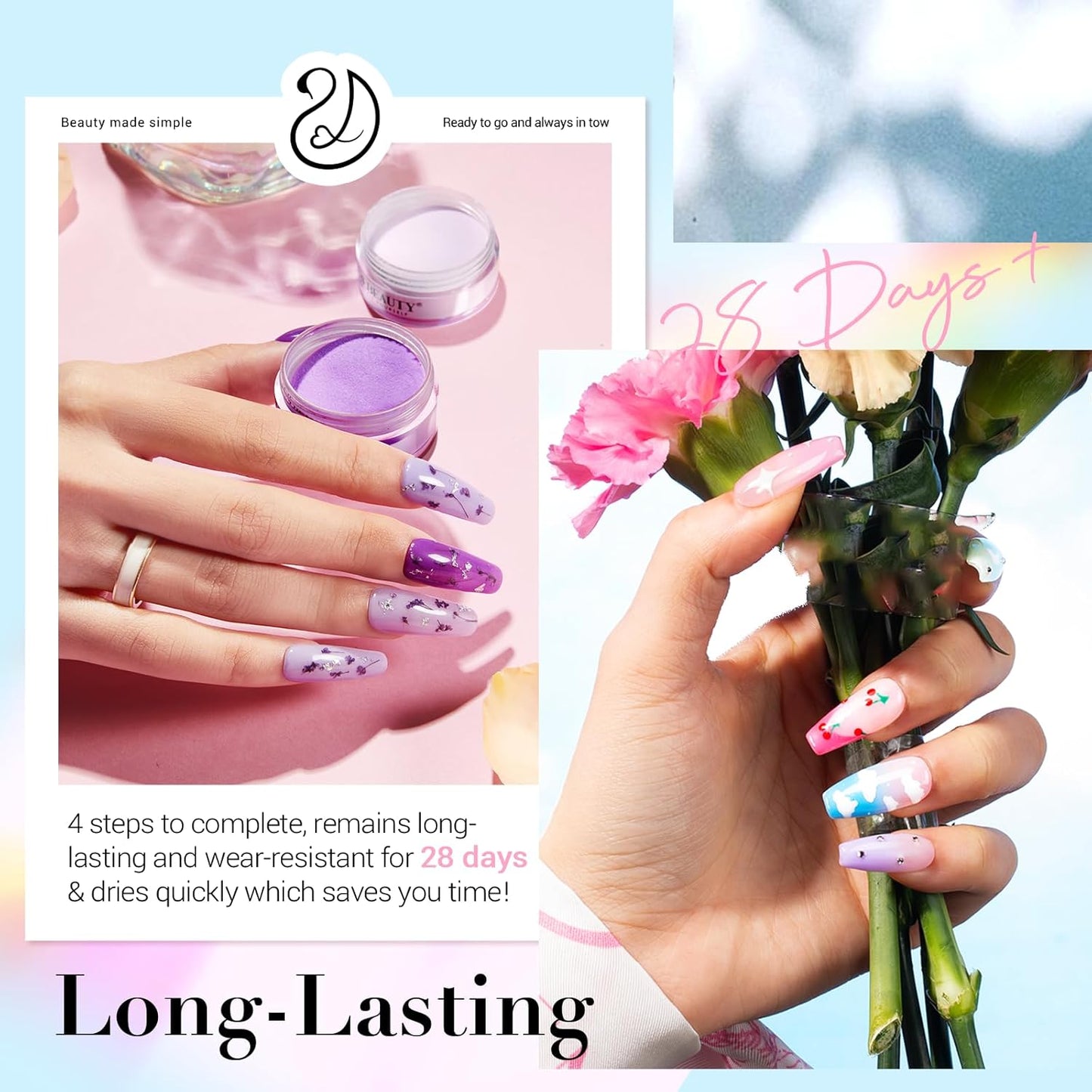 AZUREBEAUTY 42 Pcs Dip Nails Powder Starter Kit, 32 Hot Pink Blue Purple Color Changing Spring Dipping Powder Liquid Set with Base Coat/Top Coat/Activator for French Manicure Salon DIY.