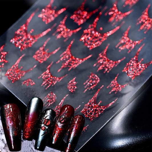 1 Sheets Halloween Nail Stickers for Nail Art 5D Self-Adhesive Spider Web Nail Art Stickers Red Spider Web Nail Decals Halloween Embossed Nail Design Sticker for Women DIY Nail Decoration