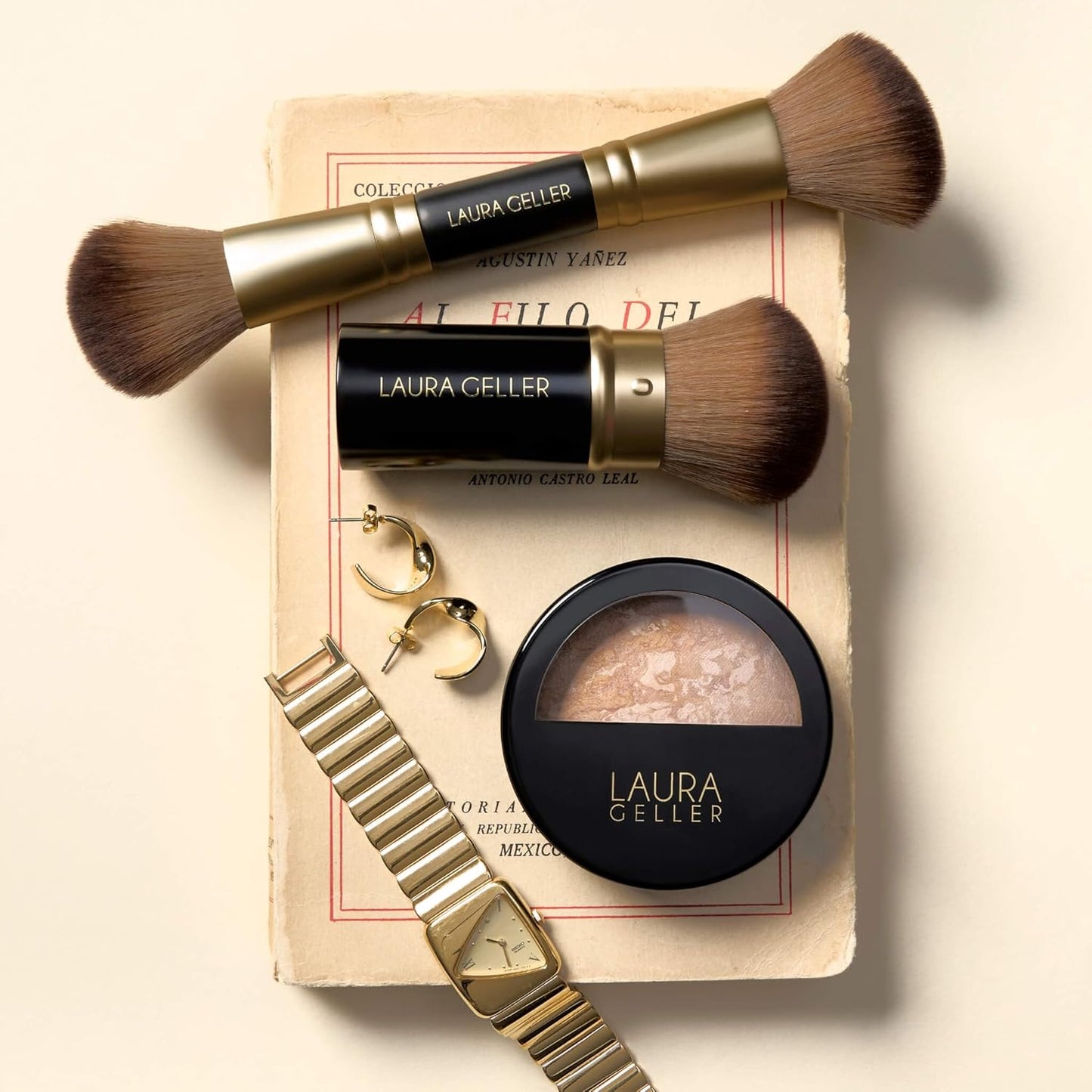 LAURA GELLER NEW YORK Face It All 2pc Makeup Brush Set - Retractable Airbrush Kabuki Brush + Dual-Ended Blush and Bronzer Brush