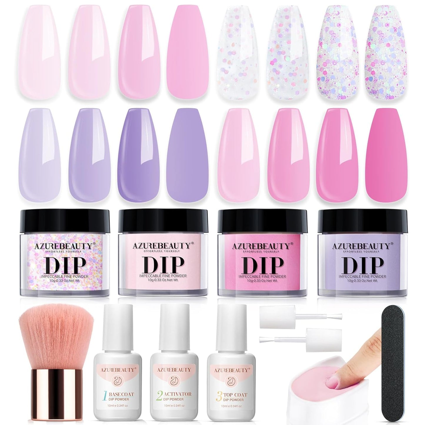 AZUREBEAUTY Dip Powder Nail Kit Starter, Pastel Lavender Pink Glitter, 4 Colors Spring Summer Dipping Powder Set, French Nail Art Base Top Activator Liquid Manicure DIY Salon 12 PCS