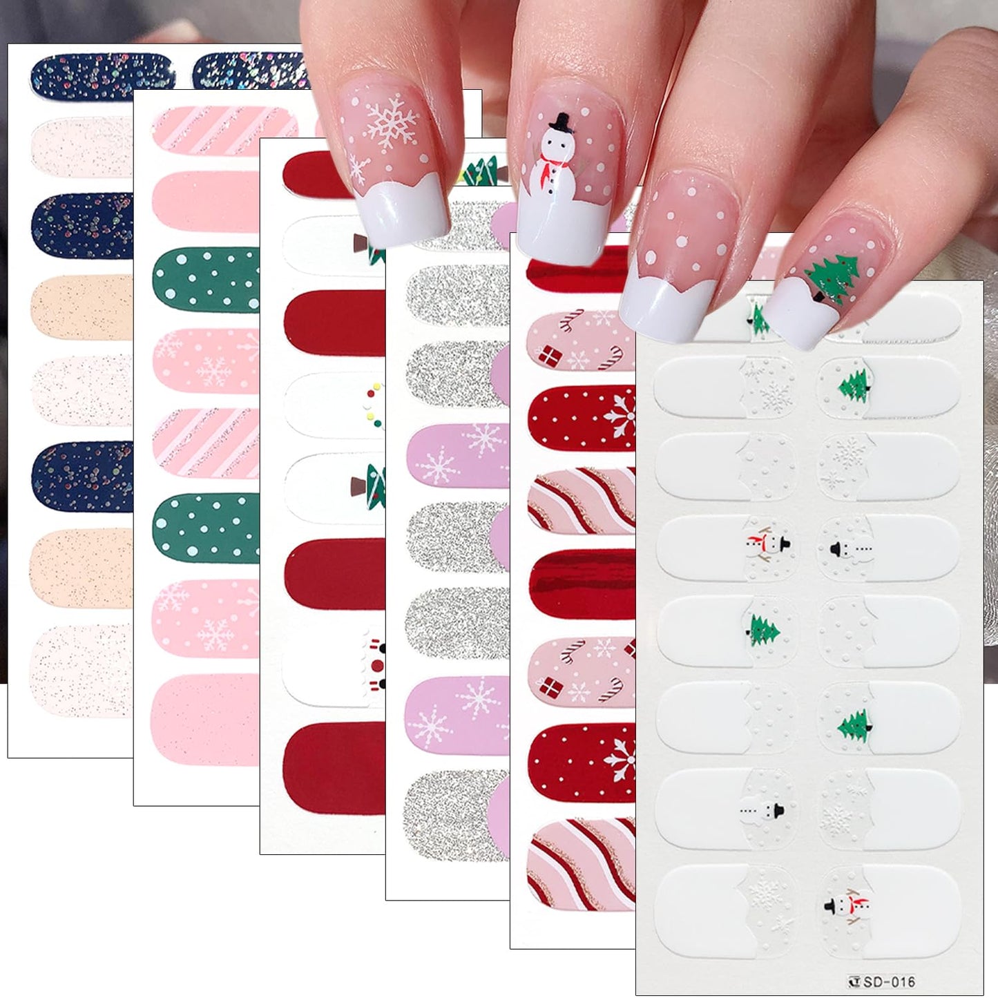 6Sheets Christmas Gel Nail Stickers: Glitter Snowflake Full Wrap, Santa Claus, Snowman, Xmas Trees, Winter Nail Stickers for Christmas Manicure