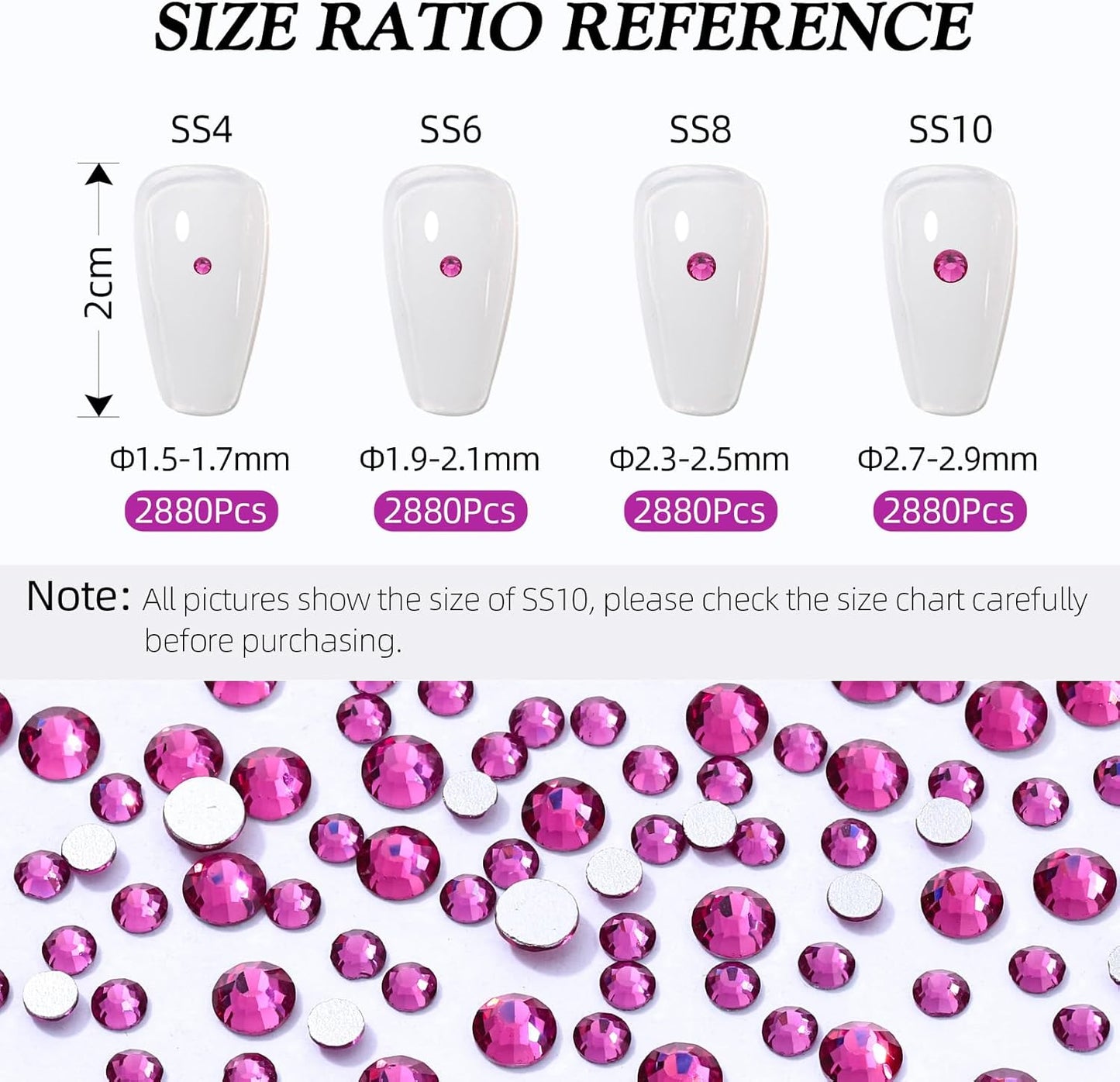 Fuchsia Flatback Rhinestones, Glass Rhinestones for Nail Art and Craft, Glue Fix, Loose Crystal Gemstones(Fuchsia, SS4, 2880pcs, 1.5-1.7mm)