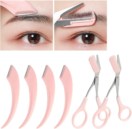 6 Pcs Eyebrow Trimmer Scissors with Comb, Curved Eye Brow Razor, Non-Slip Stainless Steel Facial Hair Removal Grooming, Brow Shaping Beard Shaving Kit Beauty Accessories for Women Men