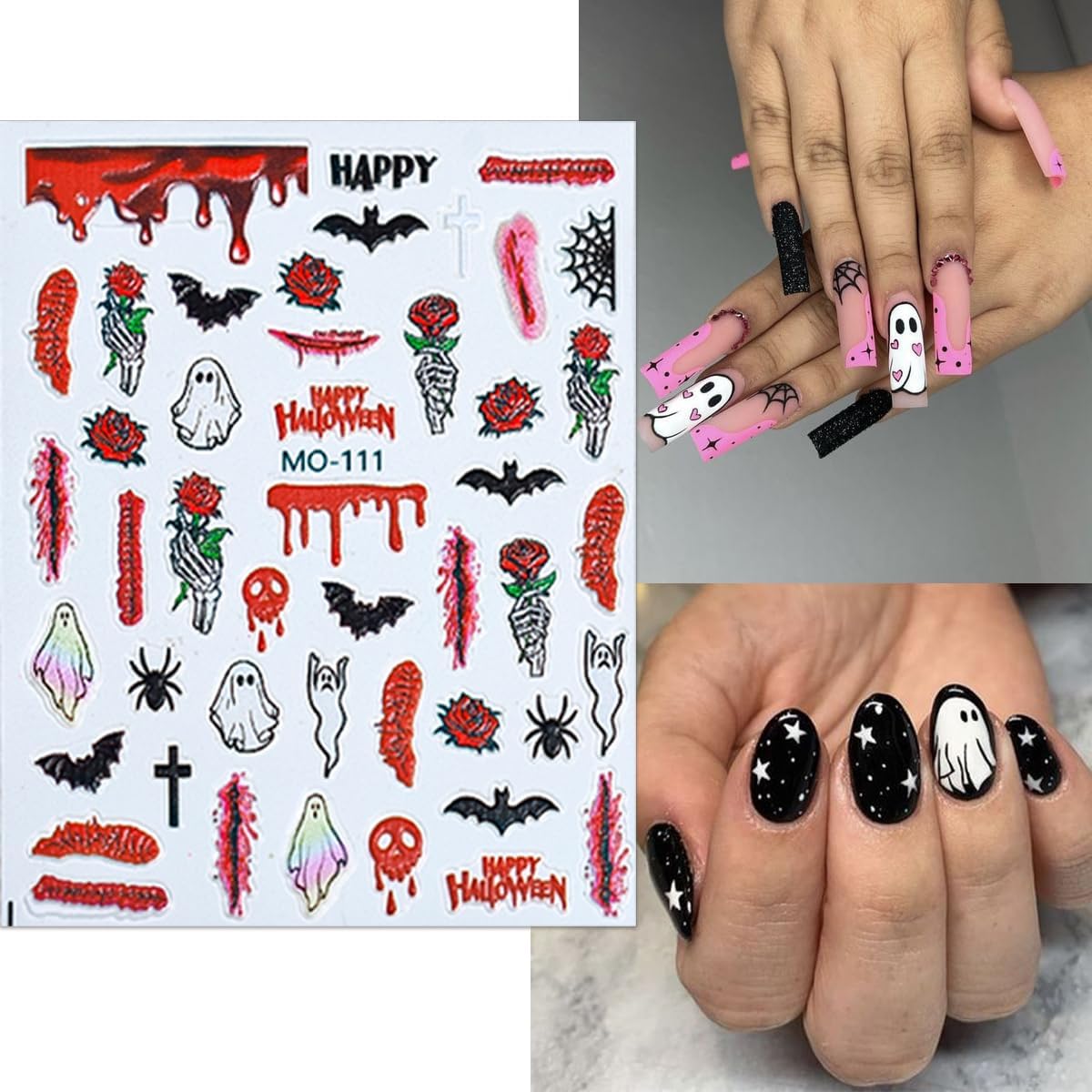 Halloween 5D Embossed Spooky Nail Art Stickers - Horror Eye, Pumpkin, Gothic Self-Adhesive Design Decals - Skeleton, Ghost, Blood Drops, Skull Supplies for Women Manicure