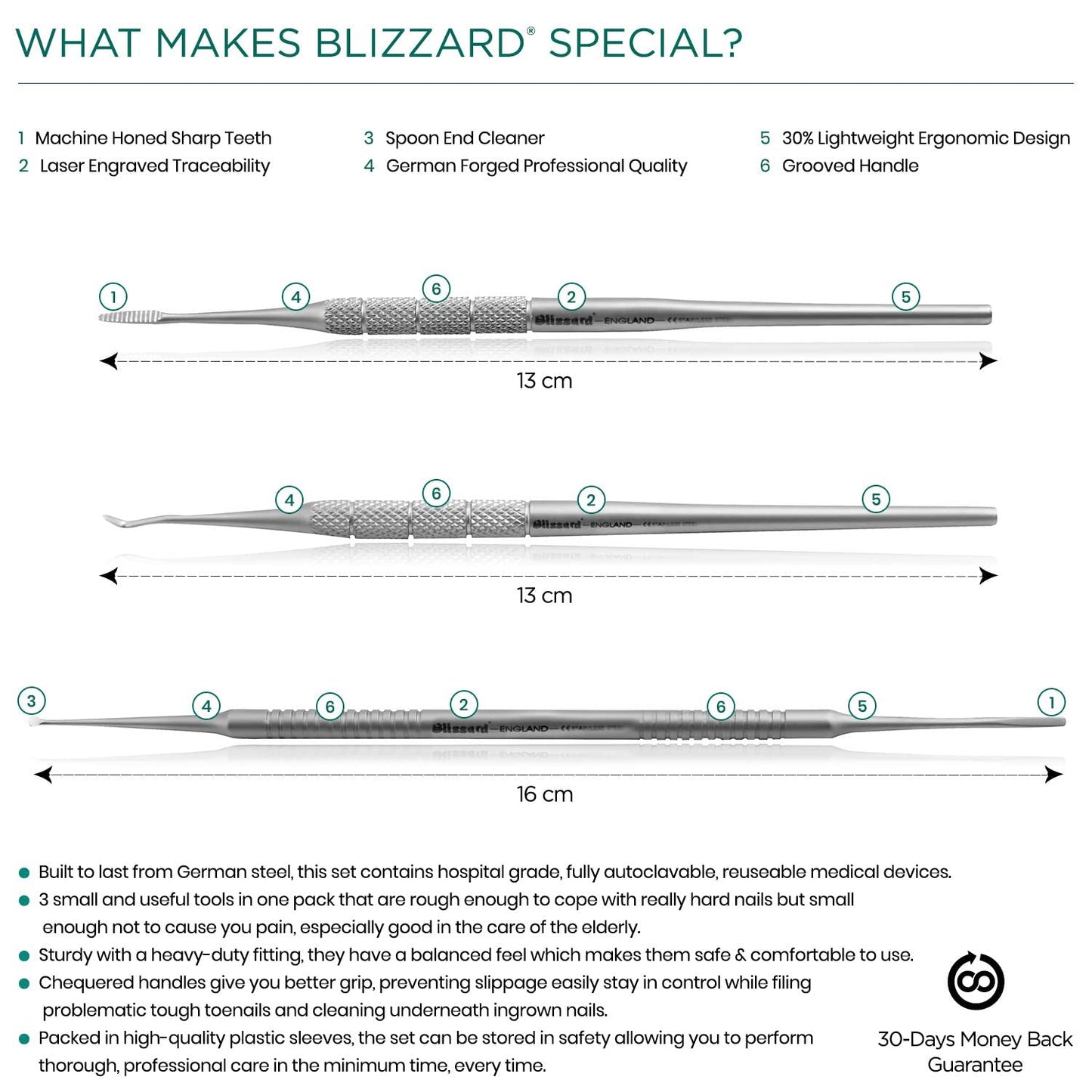 Blizzard Blacks Files and Probe Podiatry Tools German Forged - Blacks File Spoon and Swan Neck Probe Chiropodist Kit