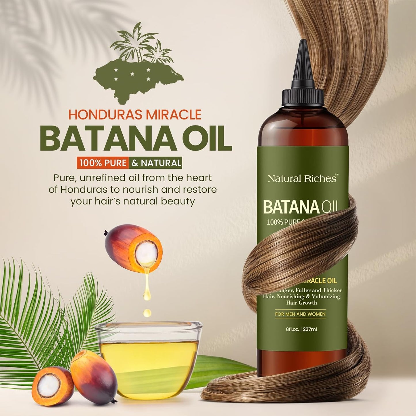 Natural Riches Unrefined Organic Batana Oil, 8 fl oz, 100% Pure & Natural, Cold pressed Honduras Miracle Oil for Hair Growth.