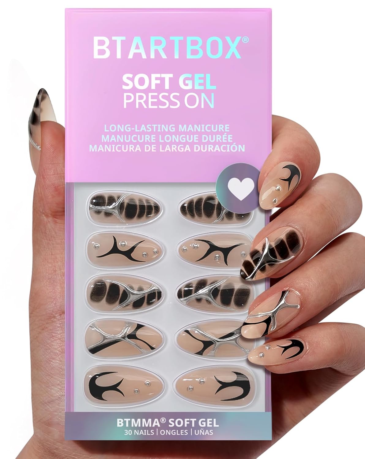 BTArtbox Press On Nails Almond - 3D Design Black Medium Press On Nails with Glue for Women, Opaque Soft Gel Glue On Nails in 15 Sizes - 30 Stick On Nails Kit, Gothic Chains