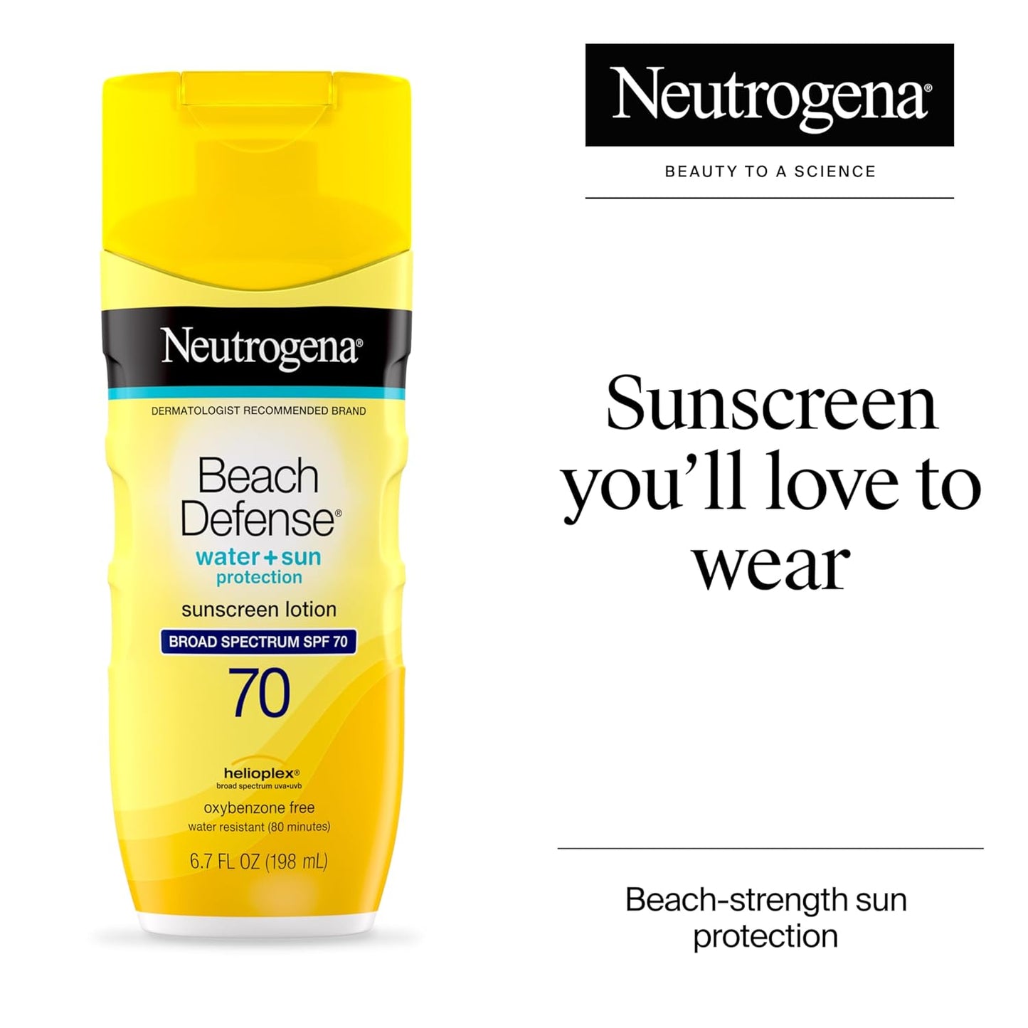 Neutrogena Sunscreen Lotion Beach Defense SPF 70, Face & Body Sunscreen, Broad Spectrum, Fast Absorbing, 6.7 Fl Oz, Water Resistant 80 Min, Oil-Free, Oxybenzone & Octinoxate Free