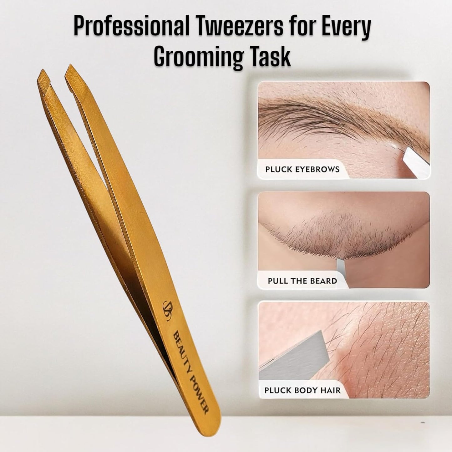 Slant Tip Precision Tweezers - Stainless Steel Eyebrow Tweezers for Women & Men - Precision Tweezers for Facial Hair, Ingrown Hair & Brow Shaping - Professional Beauty Tool (Matte Gold)