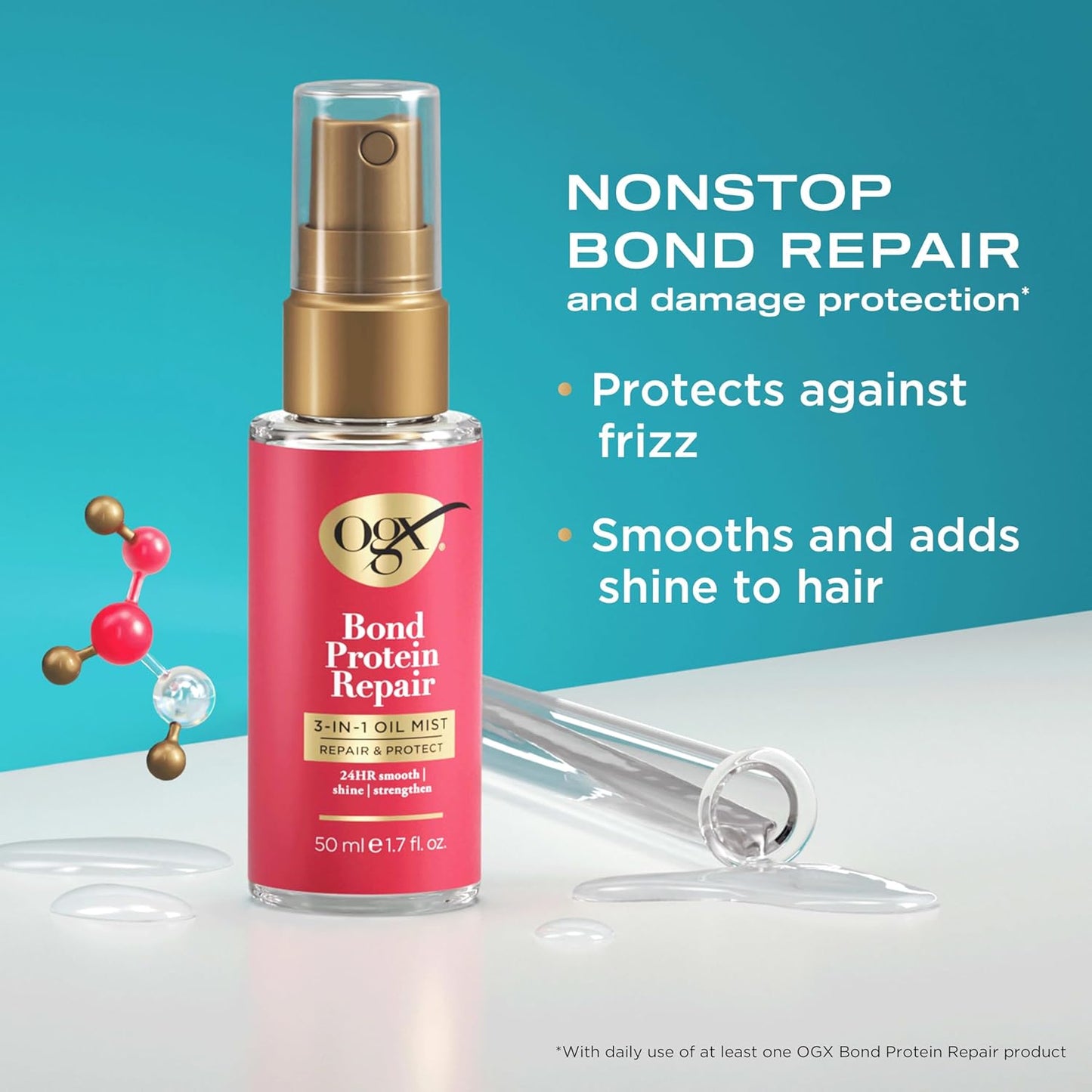 OGX Repair & Protect Bond Protein Repair 3-in-1 Oil Mist, Hair Oil Protects Dry, Damaged Hair Against Frizz, Strengthens & Maintains Shine, Hair Mist Formulated without Parabens, 1.7 oz