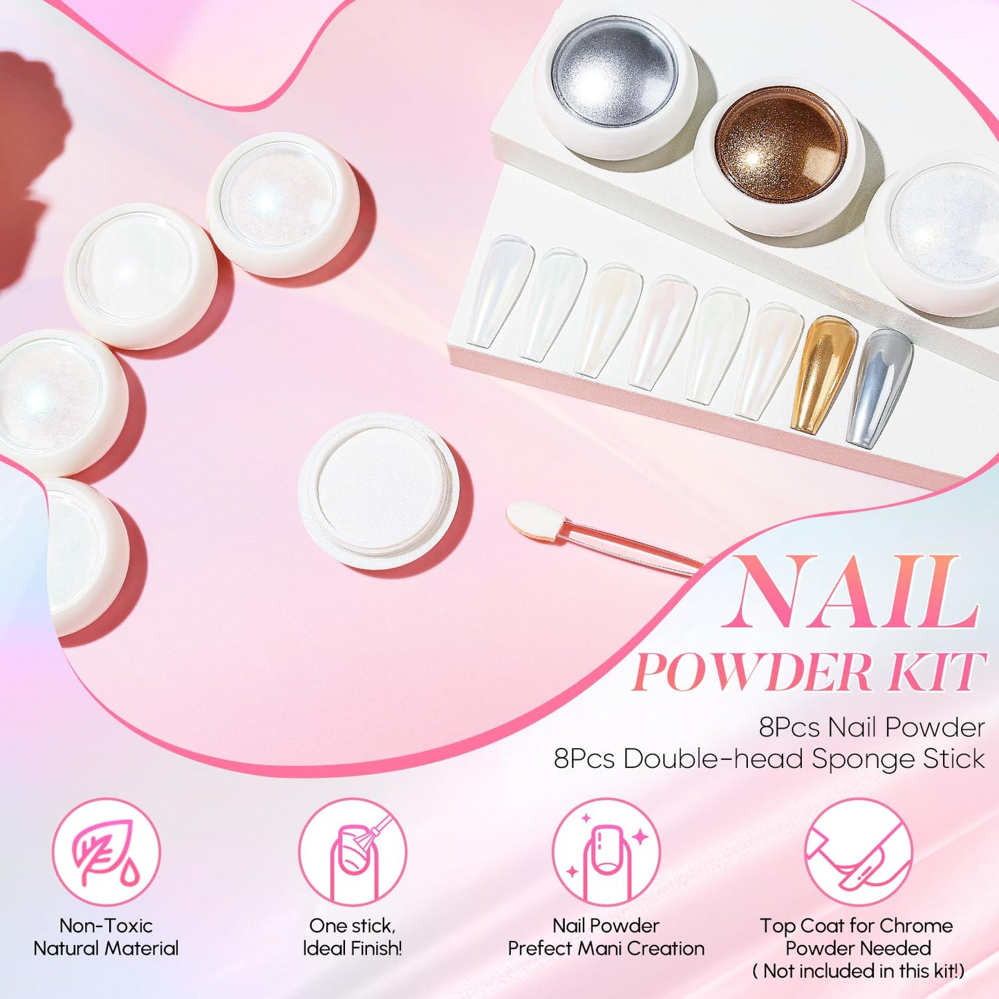 AIMEILI Pearl Chrome Nail Powder, Vegan, Cruelty Free, 8 Colors Aurora Metallic Holographic Mirror Effect Nail Art Pigment Iridescent Shell Glitter Nail Art