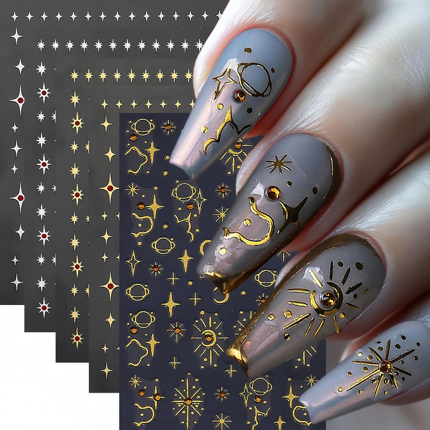 5 Sheets Star Nail Art Stickers 3D Self-Adhesive Gold Stars Starlight Nail Stickers with Red Rhinestones Design Nail Decals Star Moon Nails Sticker for Women Daily DIY Manicure Decoration