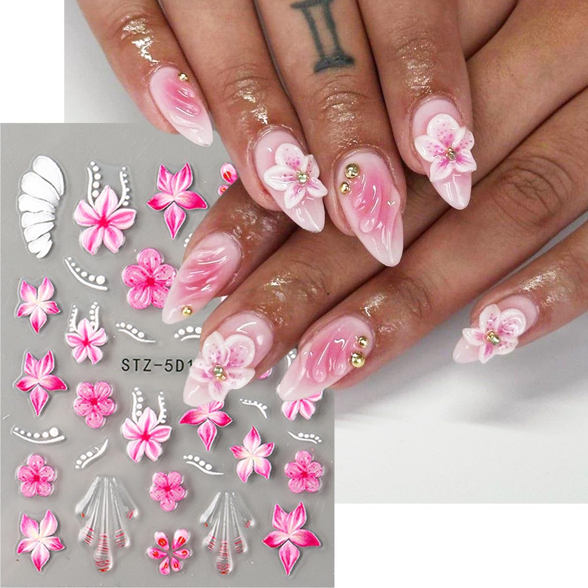 Flower Nail Stickers 3D Self Adhesive Nail Art Stickers 5D Embossed Nail Decals Red Hawaiian Floral Hibiscus with Rhinestone Design Black French Tips Manicure Accessories for Women 3 Sheet