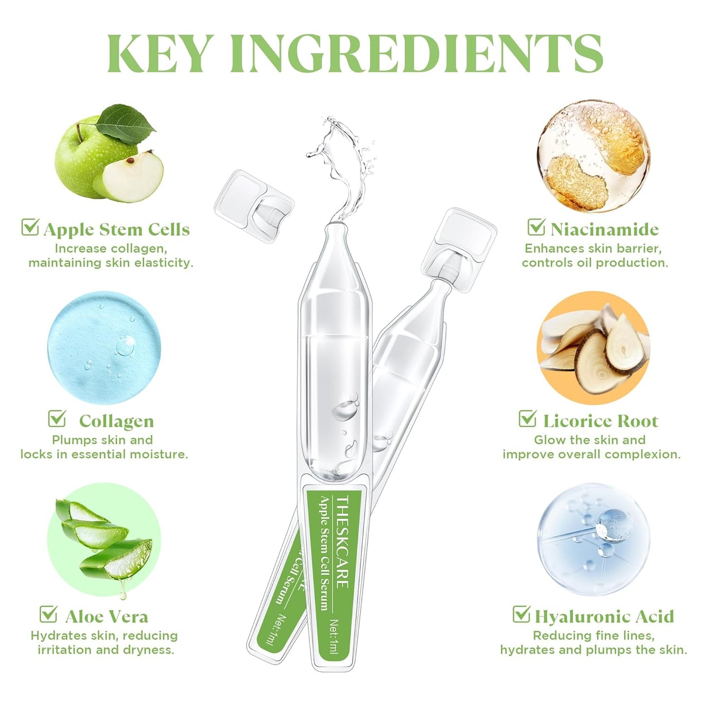 Anti Aging Apple Stem Cell Serum Ampoule for Face with Collagen,Hyaluronic Acid & Niacinamide,Rejuvenating Facial Serum for Fine Lines & Wrinkles,Plumping& Hydrating,30 Ampoules