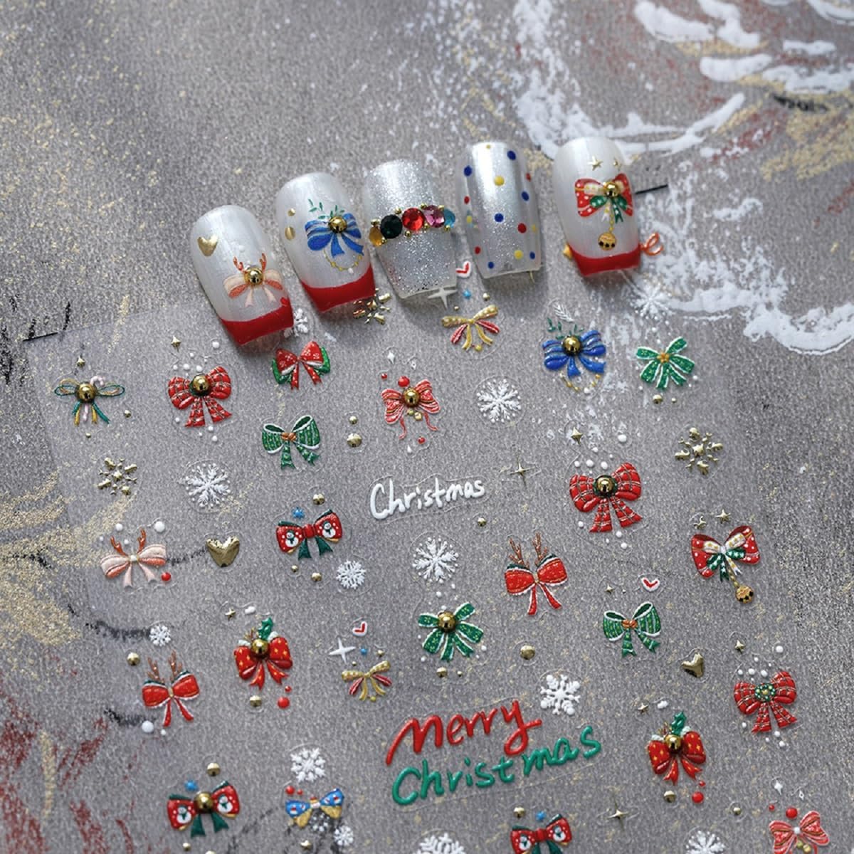 5D Embossed Christmas Nail Stickers Bow Nail Art Decals Self-Adhesive Snowflake Nail Art Sticker Cute Xmas Nail Decals for Women Girls Winter Holiday Manicure DIY Nail Supplies