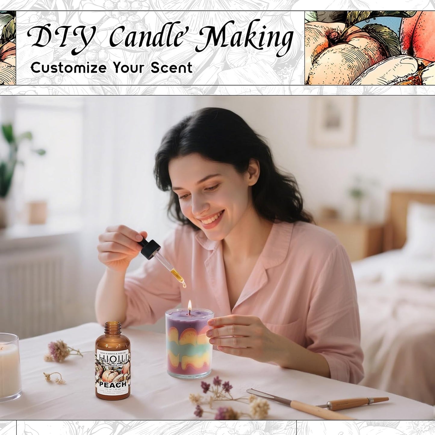 HIQILI Peach Fragrance Oil for Home Diffuser, DIY Candle, Linen & Room Freshener Spray Making, Juicy Fruit Scents - 1 Fl Oz