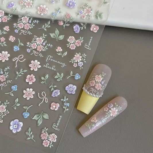 Flower Nail Stickers for Nail Art Colorful Nail Stickers Small Floral Nail Decals Self Adhesive 5D Embossed with Design Spring Manicure Supplies Charm for Women Girls Accessories