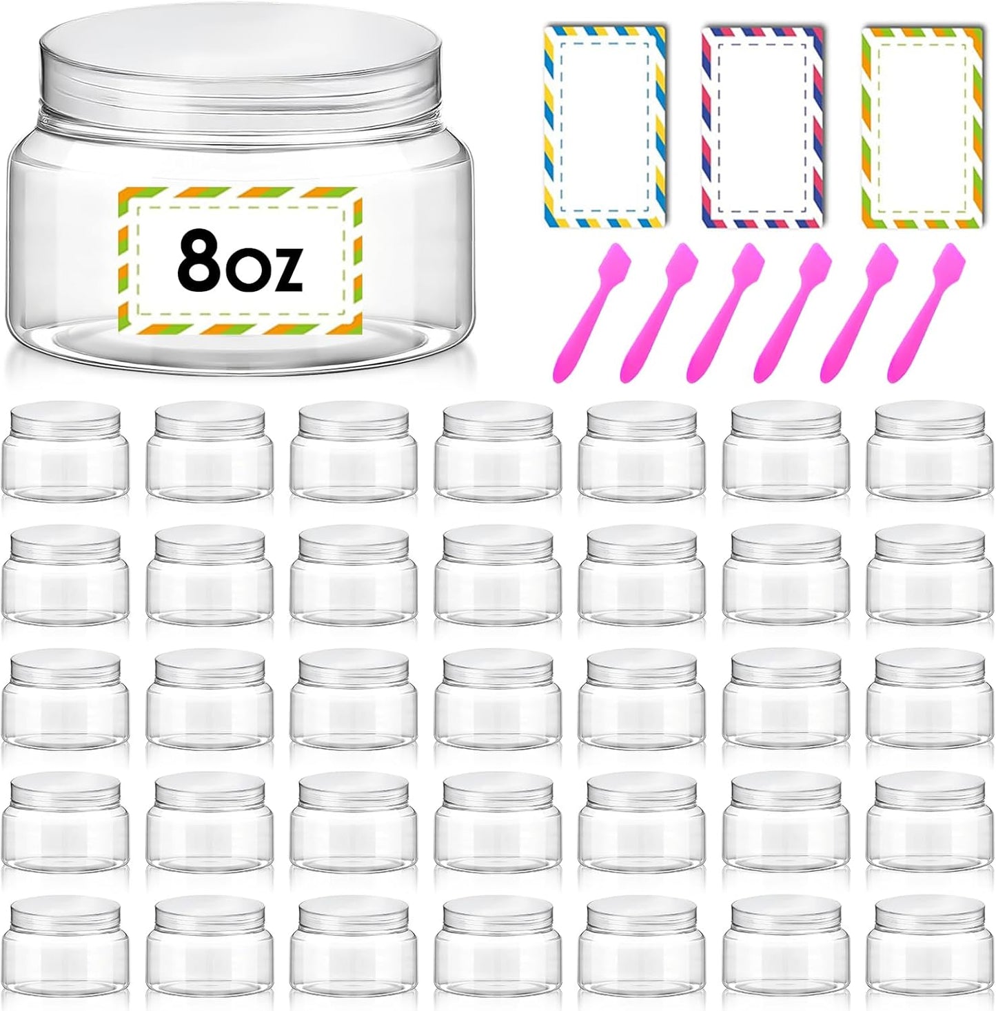 36 Pack 8 oz Plastic Cosmetic Containers With Lids Refillable Clear Empty Travle Jars Containers for Body Butter,Sugar Scrubs,Cream,Lotions,Candy, Waterproof Label&Spatulas - (Clear Lid)