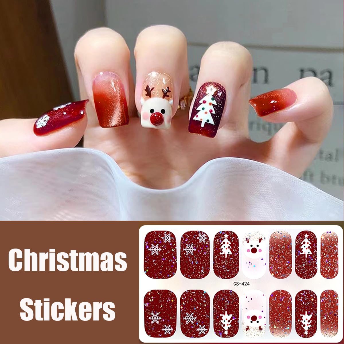 Glitter Christmas Gel Nail Polish Stickers Santa Claus Elk Nail Design Winter Gel Nail Stickers Christmas Trees Snowflake Full Wrap Gel Nail Strips French Christmas Stickers for Women Nail Supplies