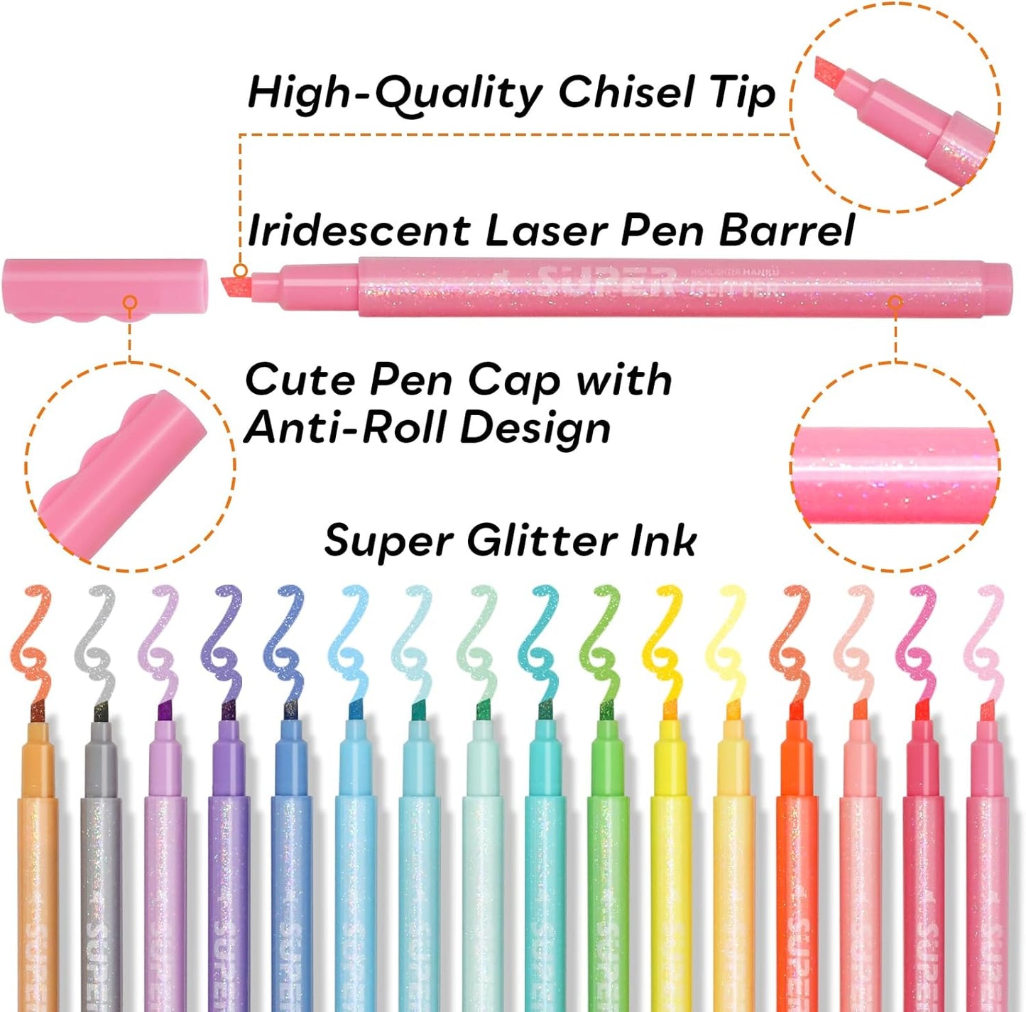 Glitter Highlighter Markers, 16-Count, Chisel Tip Glitter Highlighters Assorted Colors, Tween Teen Girl Gifts Trendy Stuff, Sparkly Marker Pens for Kids Adult Coloring Journaling Art Supplies