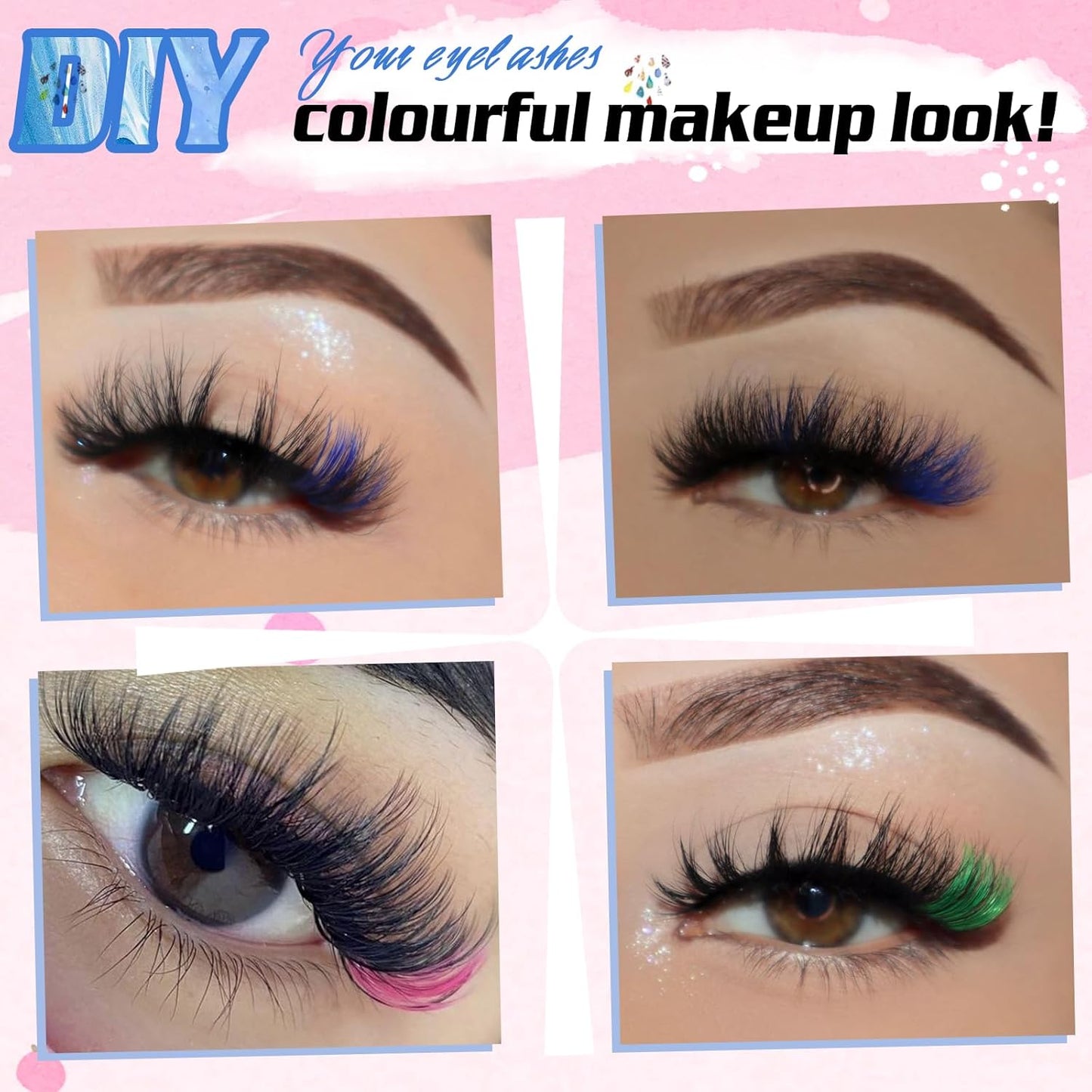 Eyelash Extension Kit Colored Lash Clusters Lash Extension Kit 6 Colors Rainbow Lash Clusters with Bond and Seal and Applicator Colorful Lash Extensions 14mm&16mm D Curl Lashes Cluster by Yaiseiko