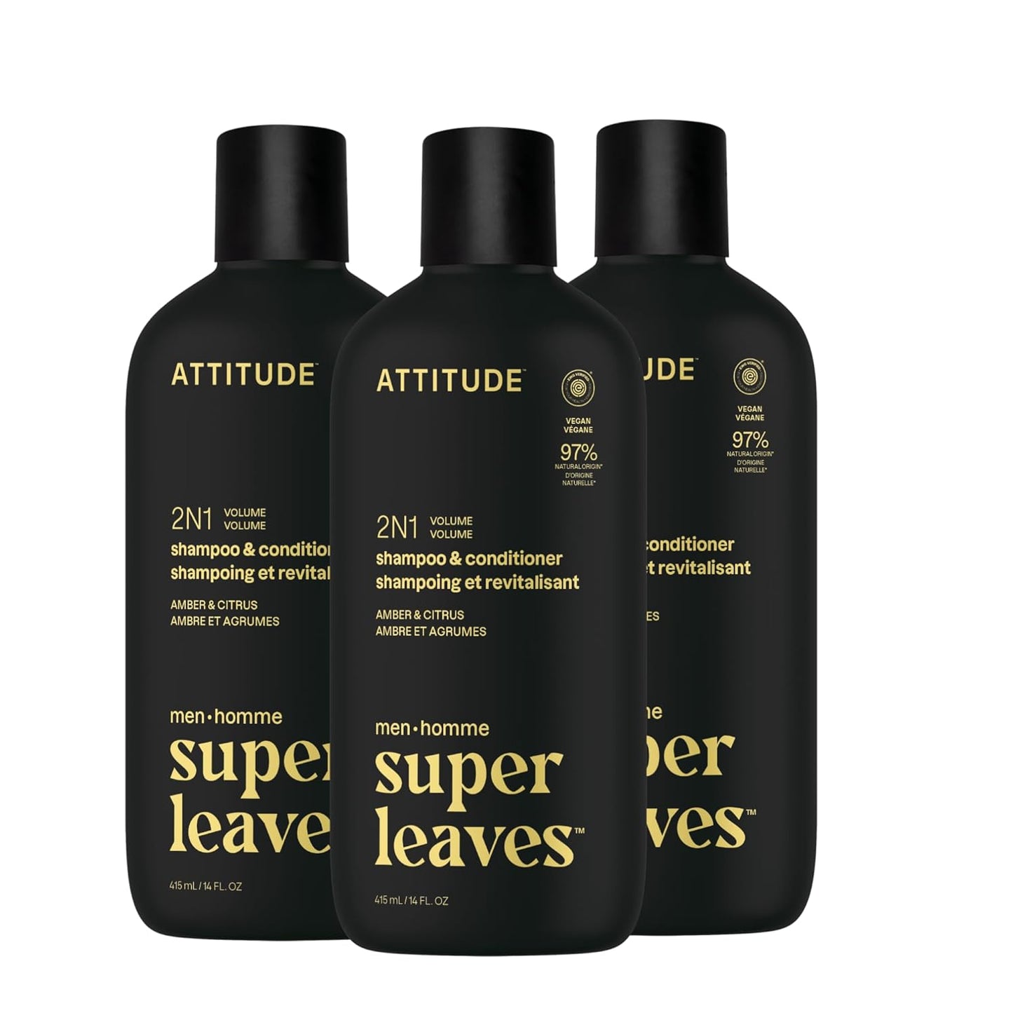 ATTITUDE Men's Shampoo and Conditioner 2-in-1, Volumizing for Thin Hair, With Rosemary and Rice Protein, 97% Natural Origin Ingredients, EWG Verified, Amber & Citrus, 14 Fl Oz (Pack of 3)