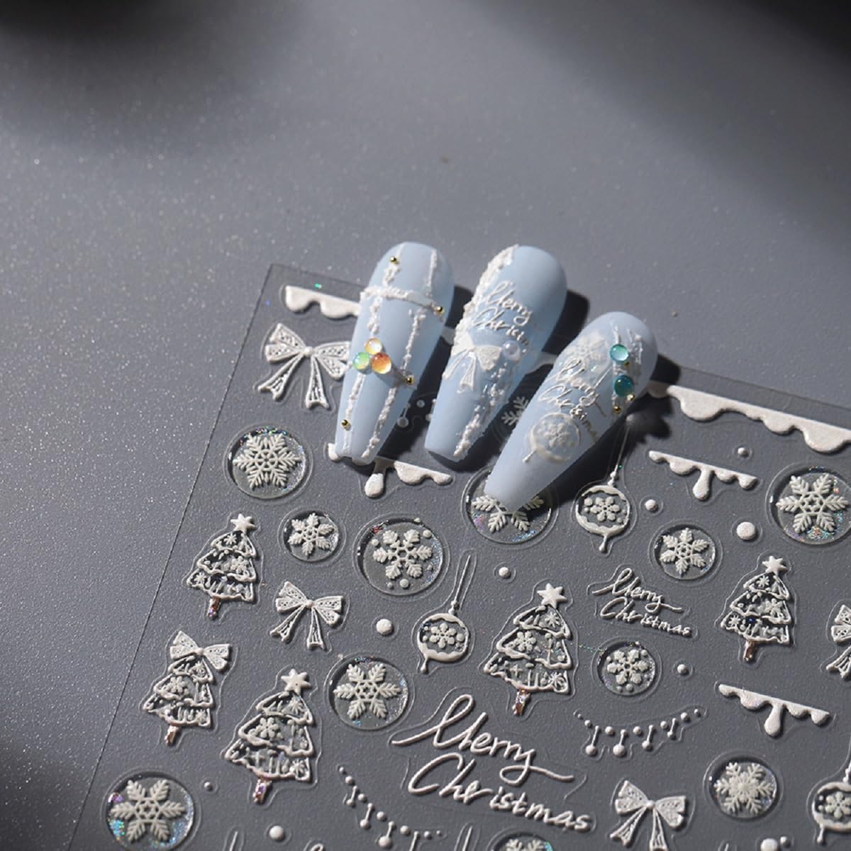 5D Embossed Christmas Nail Art Sticker White Snowflake Nail Decals Self-Adhesive Nail Design Christmas Tree Nail Sticker for Women Girls Winter Xmas Holiday Manicure DIY Nails Supplies